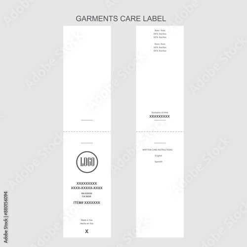 Garments care label vector illustration template front and back views.