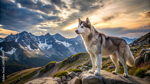 Majestic gray and white Siberian Husky dog standing on a rocky mountain slope with a serene wilderness background.