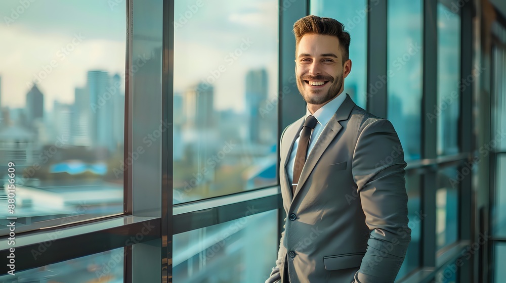 Confident businessman smiling in office. Confident businessman smiling in office.
