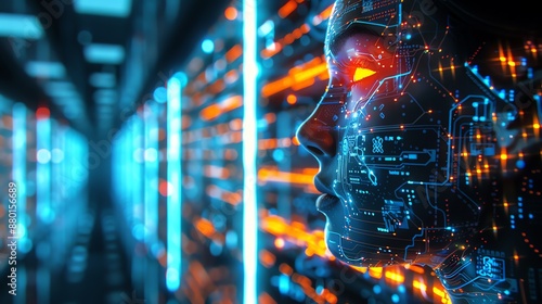 AI face with circuit board pattern in futuristic server room.