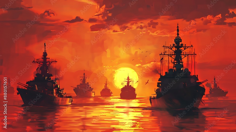 Fleet of Ships at Sunset