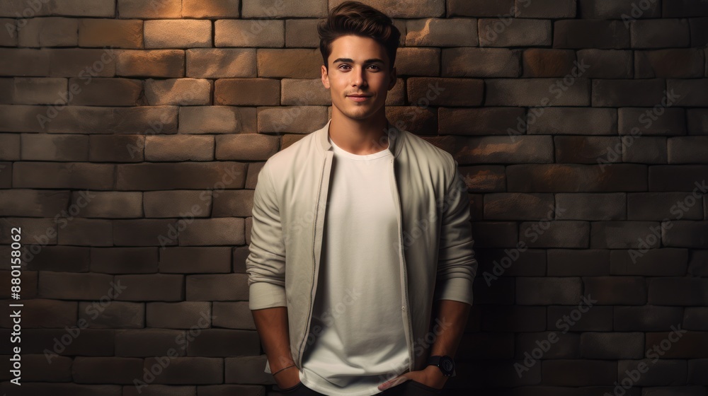 Gen Z man wearing casual clothes, brick wall background, Gen Z man wearing casual clothes, brick wall background,