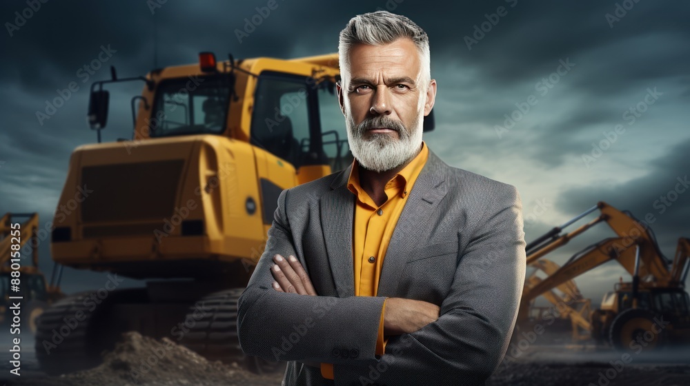 Handsome senior engineer with construction equipment in background Handsome senior engineer with construction equipment in background