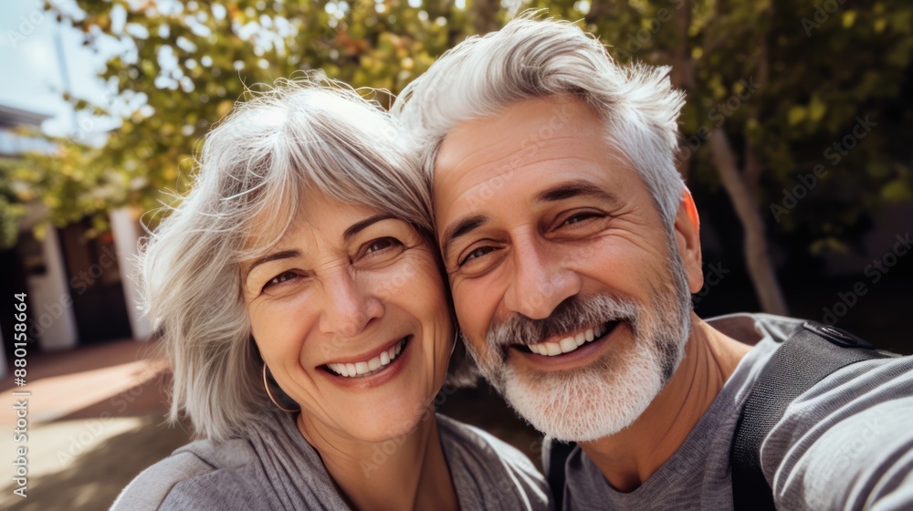 Happy mature couple with gray hair smiling while taking a selfie Happy mature couple with gray hair smiling while taking a selfie