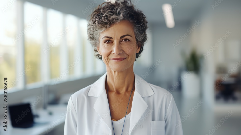 Happy mature female in modern clinic Happy mature female in modern clinic