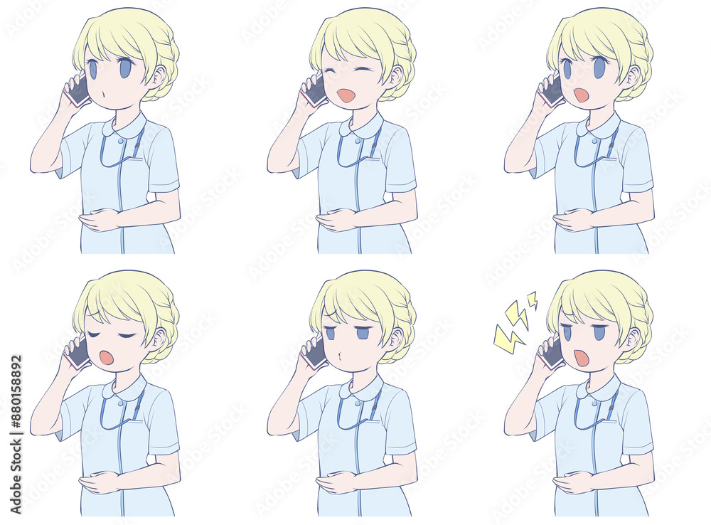 スマホで電話をかける若い女性看護師(6種類の表情セット) スマホで電話をかける若い女性看護師(6種類の表情セット)