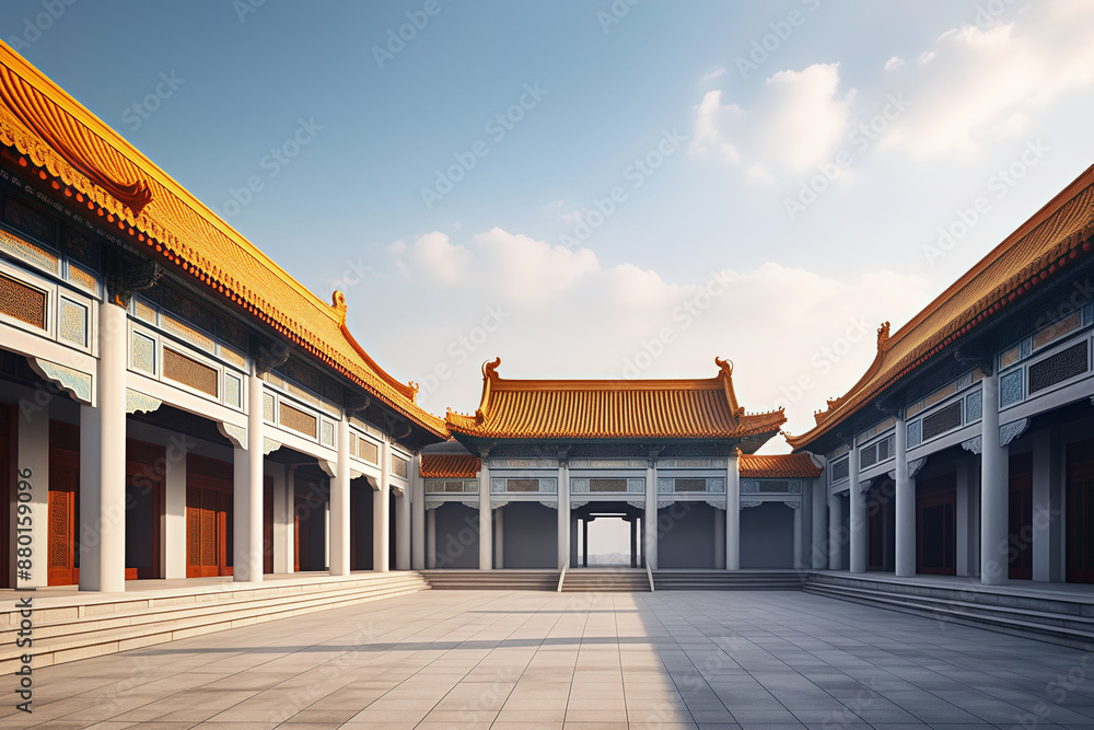 The traditional ancient Chinese buildings and the brick square have the sky background The traditional ancient Chinese buildings and the brick square have the sky background