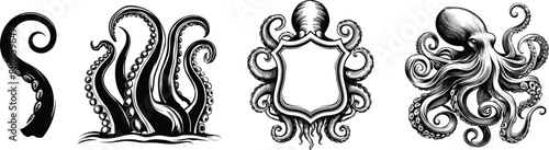 Collection of tentacles octopus, underwater animal, vector illustration.