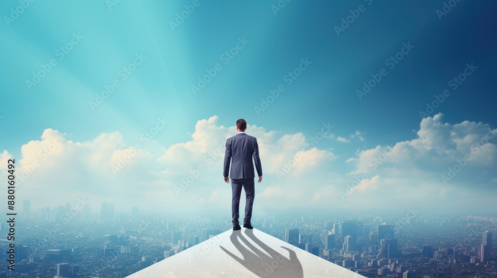 Man in business attire walking on a large arrow pointing upwards with blue sky background and Man in business attire walking on a large arrow pointing upwards with blue sky background and