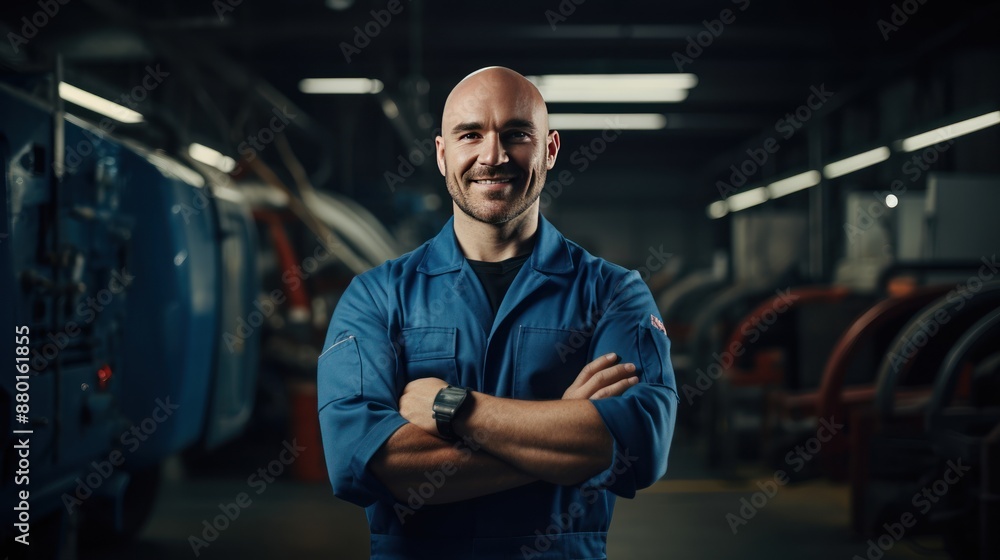 a happy mechanic in blue coveralls a happy mechanic in blue coveralls