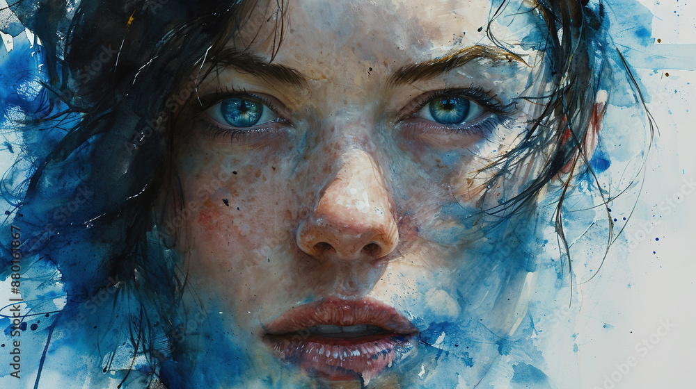 Blue Color Ink Splashes On A Beautiful Modern Young Girl Face With A Contemporary Style Abstract Painting On Canvas Blue Color Ink Splashes On A Beautiful Modern Young Girl Face With A Contemporary Style Abstract Painting On Canvas