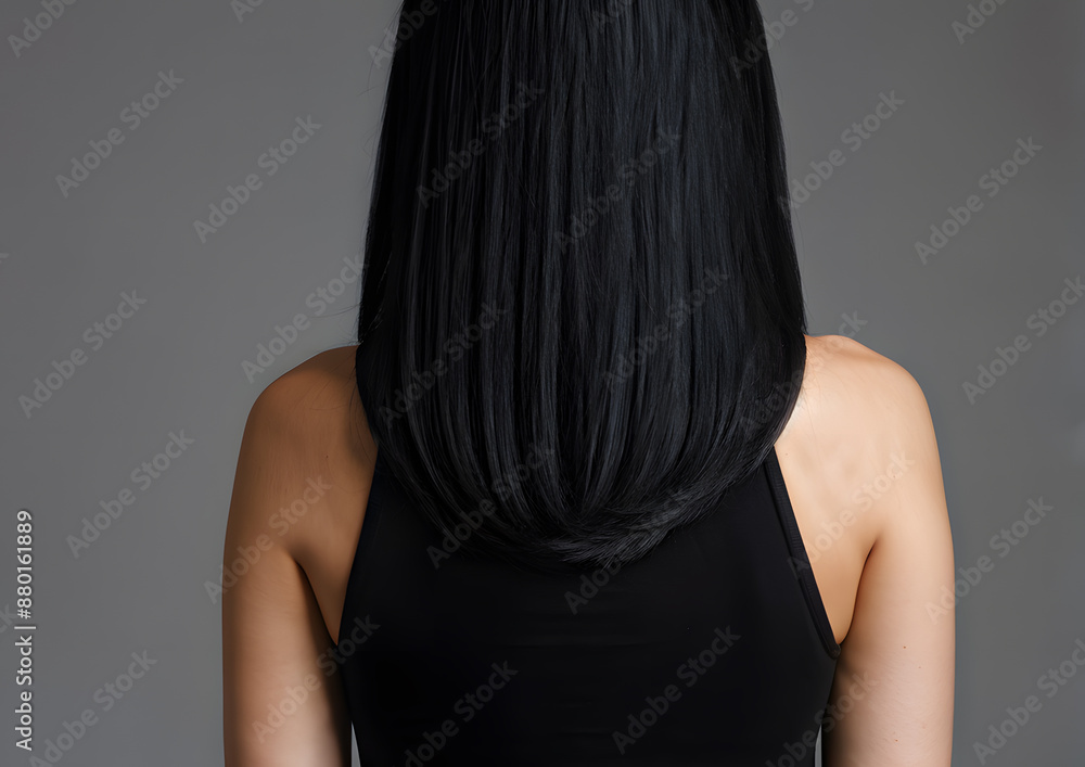 Naklejka premium A woman with long black hair is standing in front of a grey background