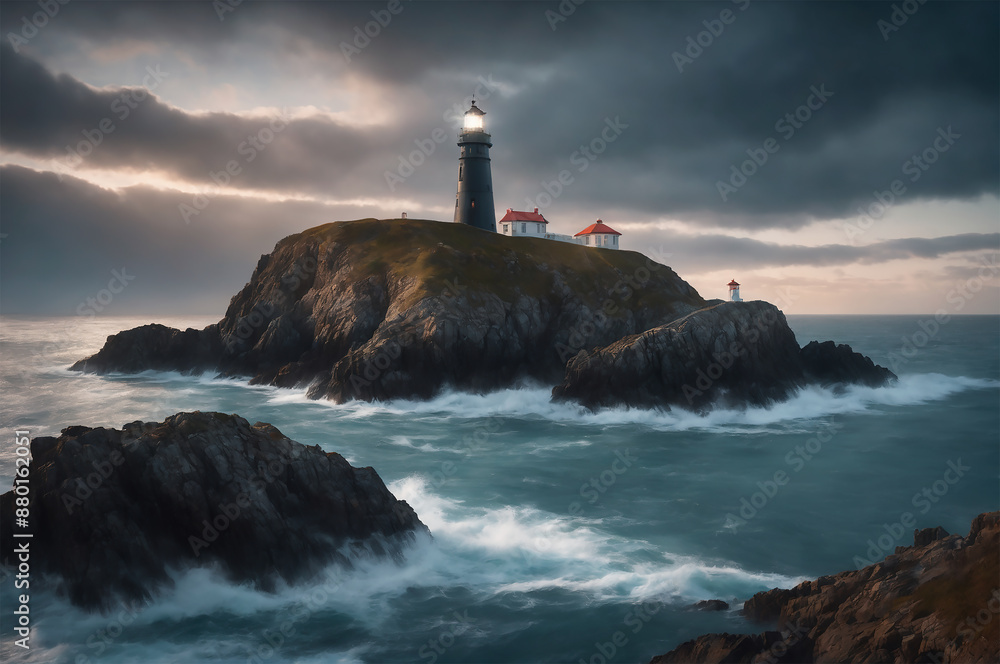A beautiful night to lighthouse and landscape with a full moon shining over the ocean, mystic waves and sky A beautiful night to lighthouse and landscape with a full moon shining over the ocean, mystic waves and sky