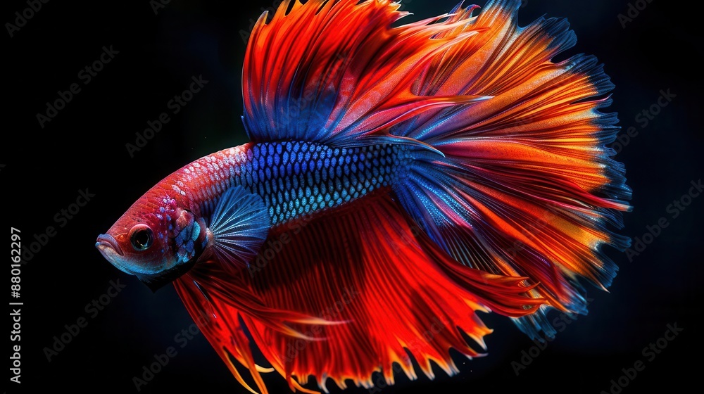 Artistic interpretation of a colorful Betta fish, its long tail elegantly fanning out in a dance-like motion in crystal-clear water Artistic interpretation of a colorful Betta fish, its long tail elegantly fanning out in a dance-like motion in crystal-clear water