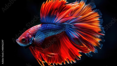 Artistic interpretation of a colorful Betta fish, its long tail elegantly fanning out in a dance-like motion in crystal-clear water © Nawarit