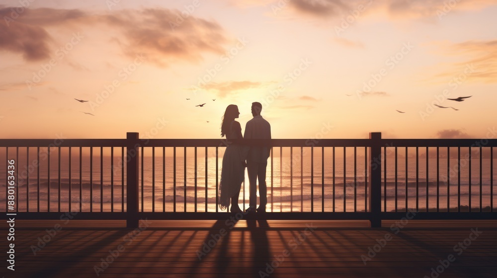 Rear view of couple on a wooden balcony Rear view of couple on a wooden balcony