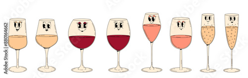 Retro wine festival. Groovy character red, white, pink wine, champagne in glass with cute face. Funky alcohol design for menu, party, event. Vintage vector illustration