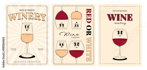 Retro wine festival invitation, poster set. Groovy character red, white wine glass with face. Funky alcohol design for menu, party, event. Vintage vector illustration