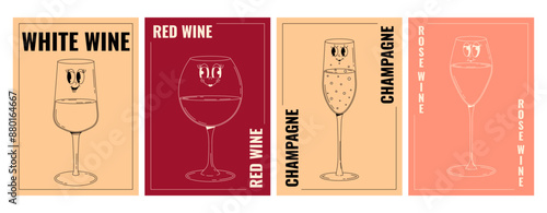 Retro wine festival invitation, poster set. Groovy character pink, red, white wine glass with face. Funky alcohol design for menu, party, event. Vintage vector illustration