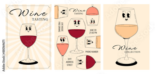 Retro wine festival invitation, poster set. Groovy character pink, red, white wine glass with face. Funky alcohol design for menu, party, event. Vintage vector illustration