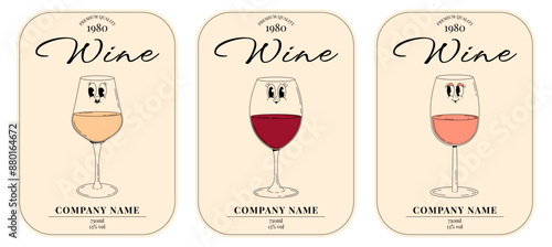 Retro wine festival label set. Groovy character white, pink, red wine glass with face. Funky alcohol design for winery, menu, party. Vintage vector illustration
