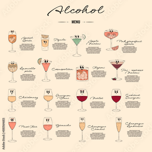 Retro groovy characters summer cocktails, red, white, pink wine, champagne with cute face. Menu with cute alcohol beverage for winery, restaurant, bar, club and more. Vector illustration