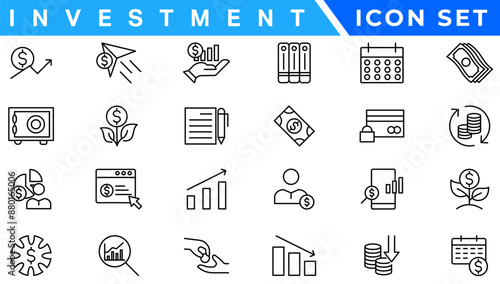 Investment line icon set. Investment, Profit, Asset, Investor, Portfolio, Dividend, Capital, Risk, Inflation icons vector