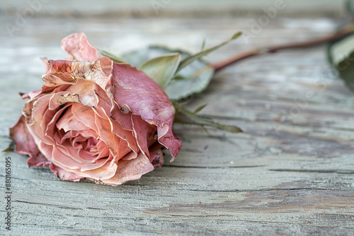 A close-up of a dried rose on a rustic wooden surface, conveying themes of time, aging, and beauty in decay. #880165095