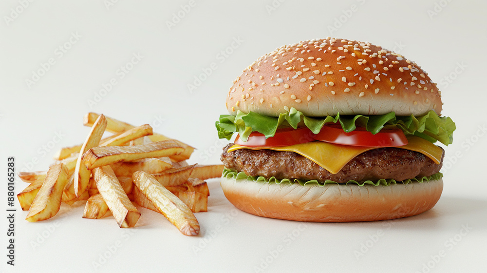 A juicy cheeseburger with lettuce, tomato, and a side of crispy fries on a white background. A juicy cheeseburger with lettuce, tomato, and a side of crispy fries on a white background.
