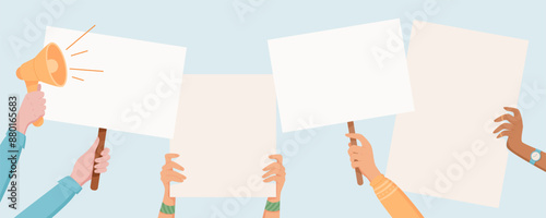 Various hands hold signs and placards during a protest. People with megaphones and blank banners demonstrate for rights and community support. Template for solidarity and strength in activism.