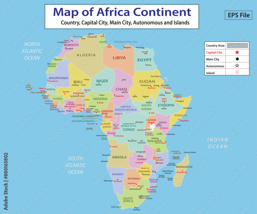 Naklejka premium World map. Political maps of North and South America, Europe and Asia, Africa and Australia continents. Colorful world map countries and country names. Geography politics map.