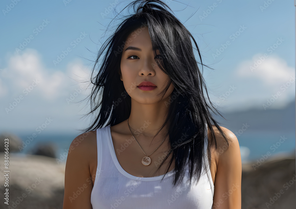 A woman with long black hair stands on a beach A woman with long black hair stands on a beach