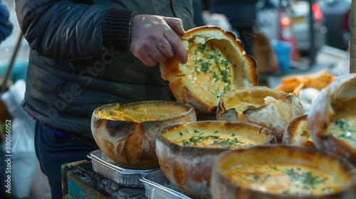 35 Street vendor with New England clam chowder in bread bowls seaside market photo