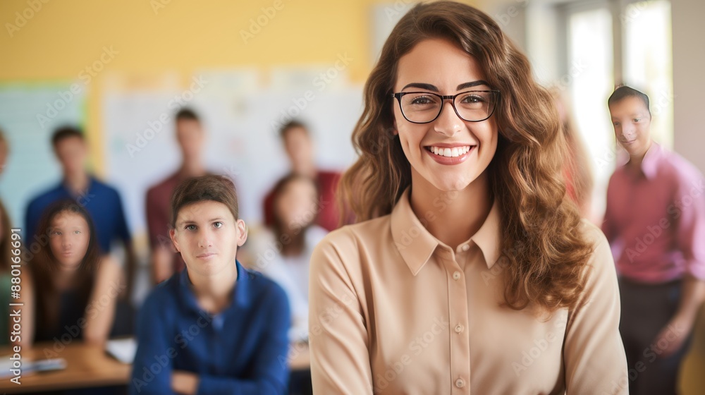 Smiling female teacher standing in classroom Smiling female teacher standing in classroom