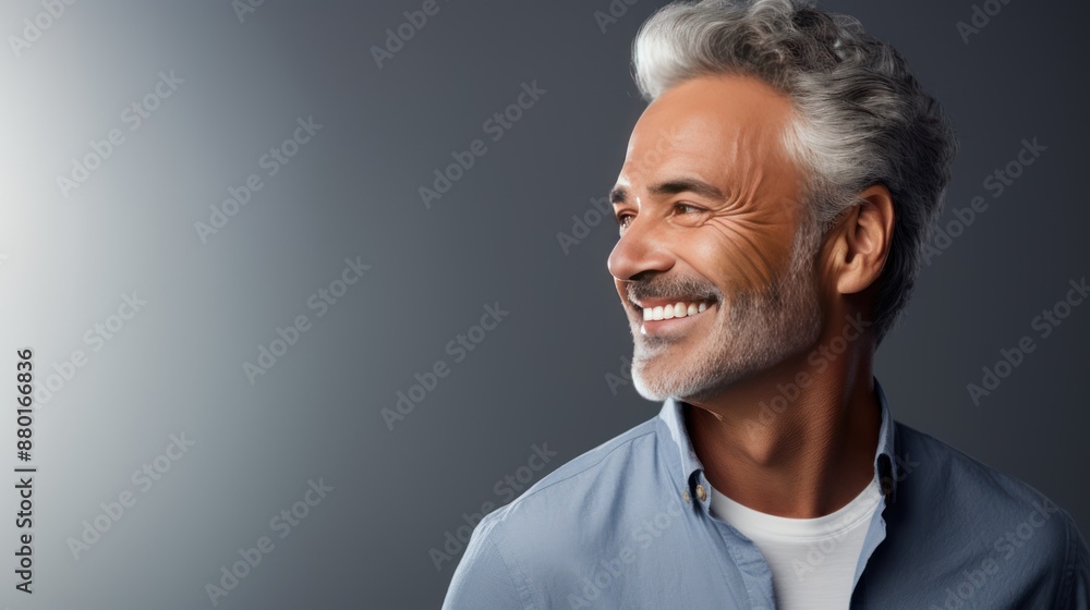 Fototapeta premium Smiling man in profile, neutral gray background, 