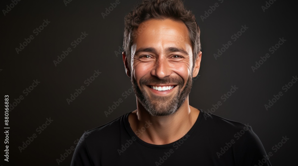 Obraz premium Smiling man in studio, direct gaze, soft lighting, 