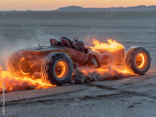 Futuristic Cyberpunk Steampunk off road vehicle car on fire, monster truck in a dystopian wasteland desert landscape, Vintage iron cars in future, old vehicle race in post apocalypses photo