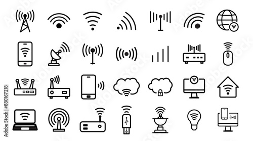 set of icons Wireless and Network vector line. Contains linear outline icons like Connection, Signal, Internet, Phone, Radio, Computer, Wifi, Communication, Antenn photo