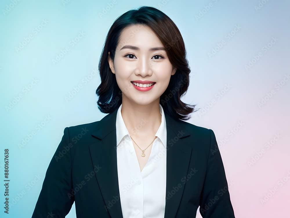 A woman in a business suit is smiling and wearing a necklace A woman in a business suit is smiling and wearing a necklace