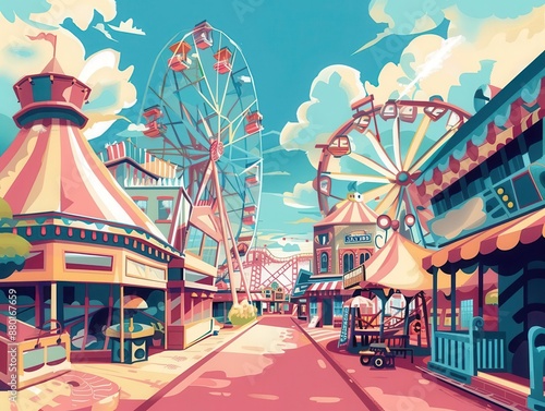 5 Playful fairground flat design quirky perspective anime theme cartoon drawing Split-complementary color scheme