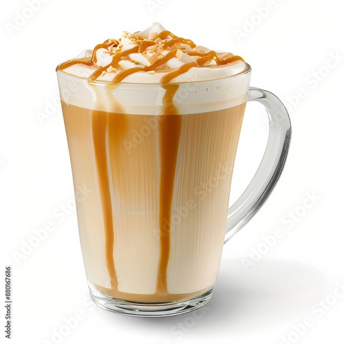 A smooth coconut caramel latte with a frothy top and caramel drizzle, isolated white background, realism art style photo