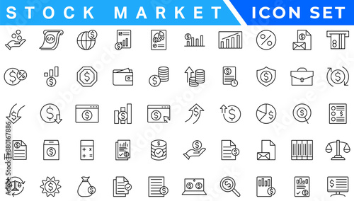 Stock market icon set. Containing stocks, stock exchange, financial goal, shares, investment, bull market, bear market and investment icons. Solid icon collection. Vector illustration