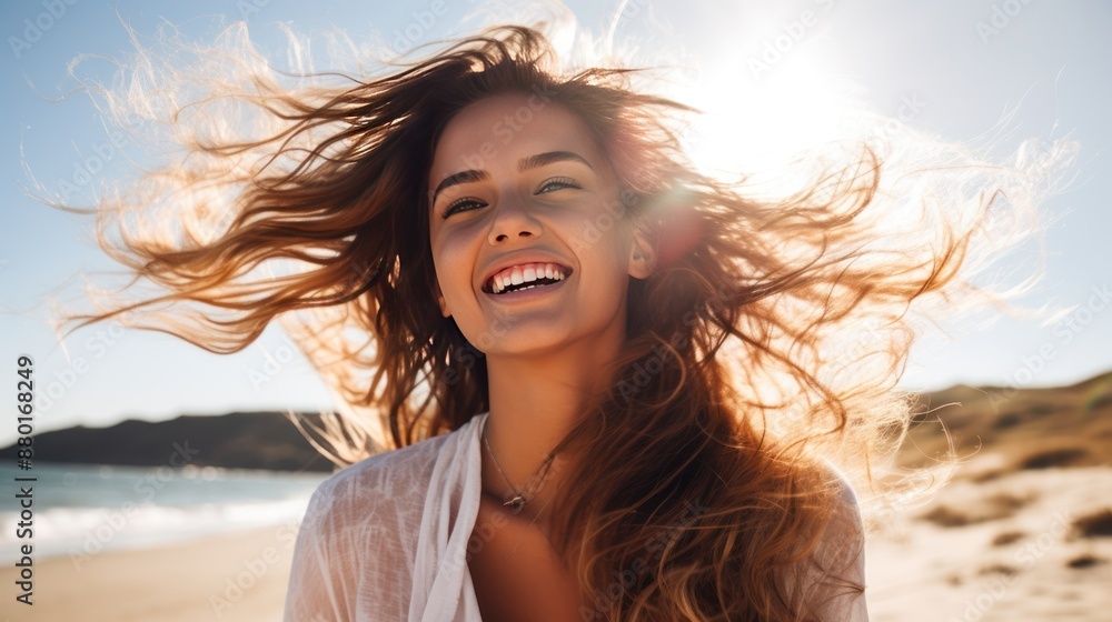 Smiling young woman with wind-blown hair against a sunny beach background Smiling young woman with wind-blown hair against a sunny beach background