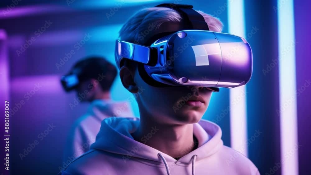 Blurry Neon Lights and Young Man Wearing VR Headset Blurry Neon Lights and Young Man Wearing VR Headset