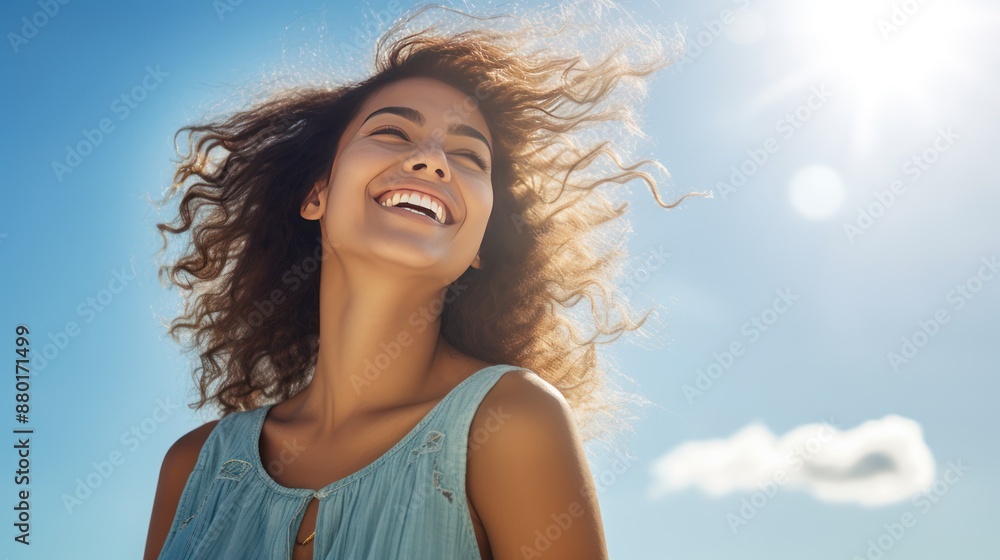 Young woman with a toothy smile With a bright sky background Young woman with a toothy smile With a bright sky background