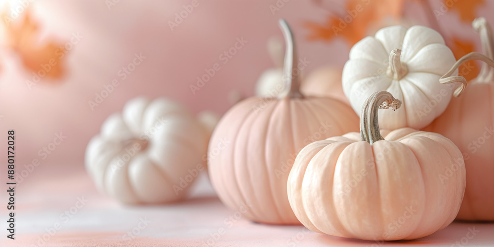 A close up of soft, pastel-colored pumpkins and white gourds on an off-white surface, creating a cozy autumn atmosphere for fall decor A close up of soft, pastel-colored pumpkins and white gourds on an off-white surface, creating a cozy autumn atmosphere for fall decor