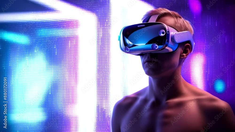 Blonde Man in VR Headset Against Futuristic Neon Blur Blonde Man in VR Headset Against Futuristic Neon Blur