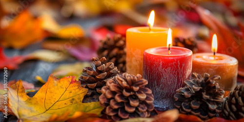 A close-up of candles in autumn colors, surrounded by leaves and pine cones