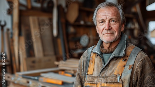 A portrait of an attractive middle-aged male carpenter standing in his woodshop