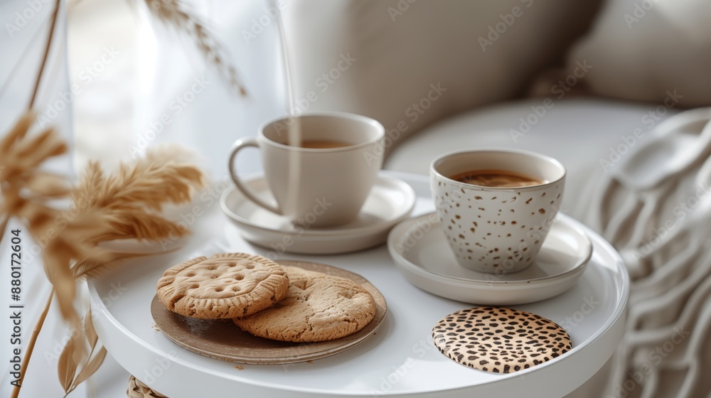 A white table with two stacked plates filled with cookies and coffee cups, a beige cheetah print coaster next to it A white table with two stacked plates filled with cookies and coffee cups, a beige cheetah print coaster next to it